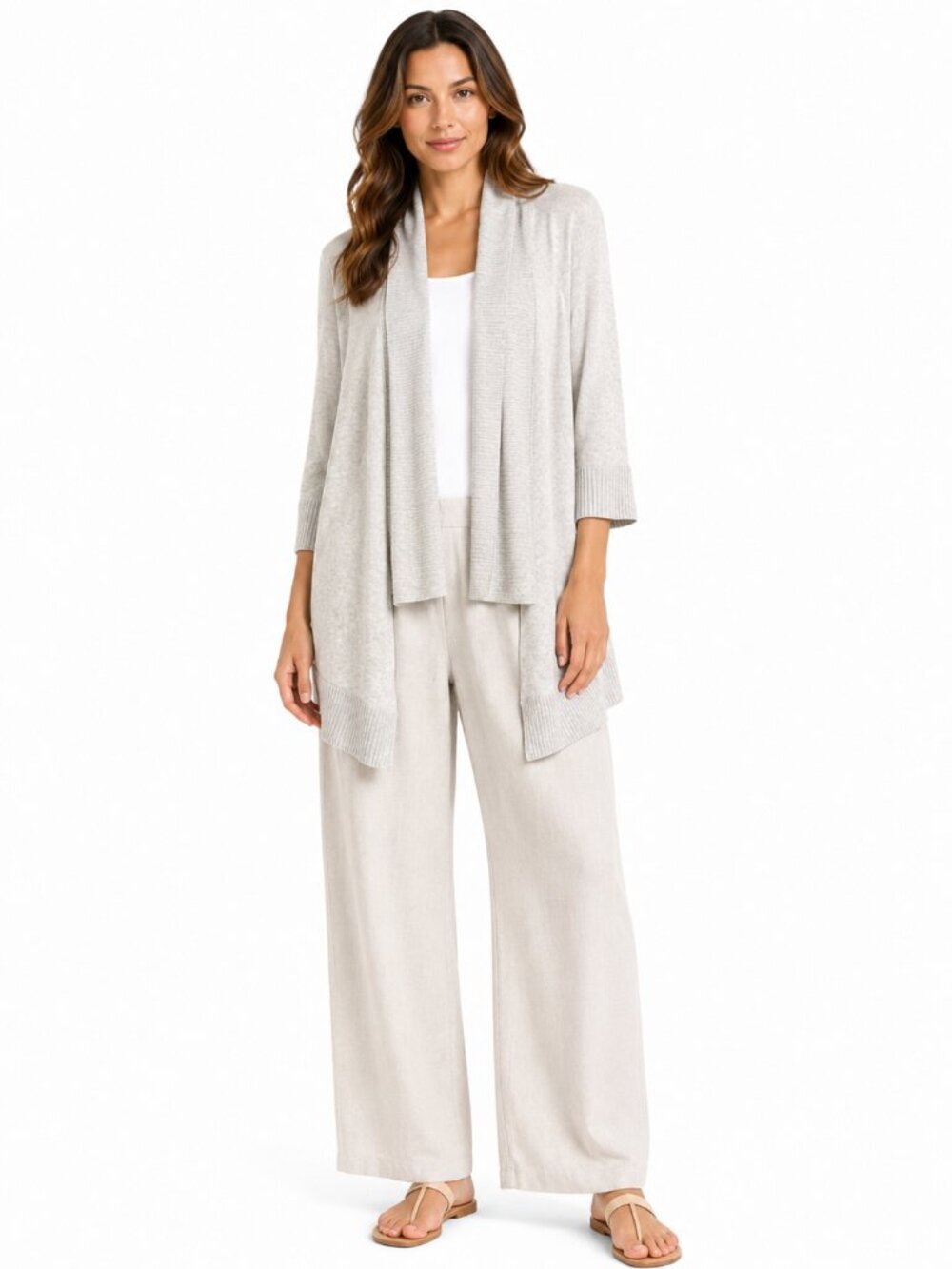 EILEEN FISHER Oatmeal Organic Cotton Open Front Draped Cardigan Petite Small PS